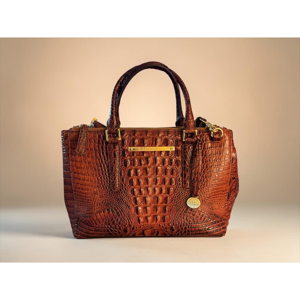 Brahmin Melbourne Croc Embossed Leather Satchel Pecan Cognac Structured Tote